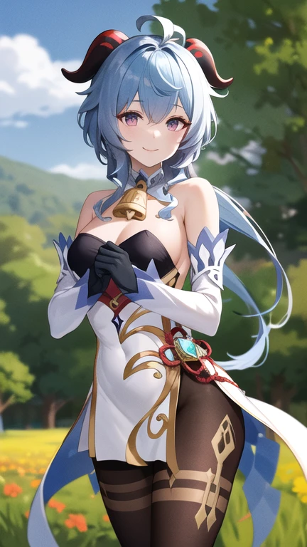 masterpiece, best quality, highres, aaganyu, long hair, low ponytail, ahoge, horns, bare shoulders, neck bell, bodystocking, white dress, gold trim, flower knot, detached sleeves, black gloves, pelvic curtain, thighlet, pantyhose, cowboy shot, standing, outdoors, smile,
