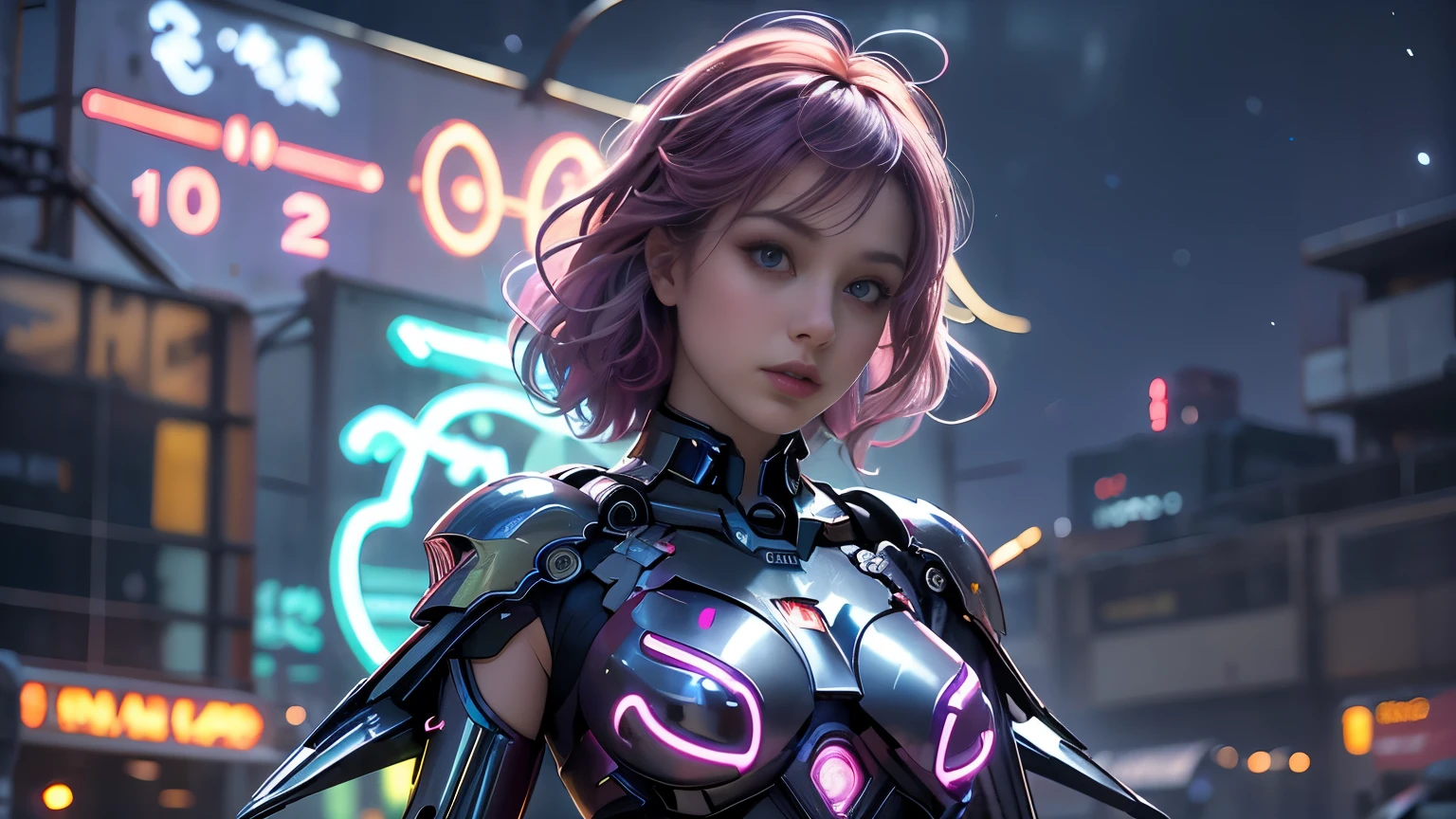 Masterpiece artwork, best qualityer, 1girl, ives , Mecha, beautiful  lighting, (Neon light: 1.2), (natta: 1.5), "Masterpiece artwork, best qualityer, 1 garota, full - length portrait, sultry posing, blue colored eyes, multicolored hair+Plata:1.3+rot:1.2+purple+yellow:1.3+Unripe:1.3, sculpted legs and tempting curves, bountiful breasts, beautiful  face, many drops of water, nube, Twilight, open plan, water colour, Neon light:1.2, natta:1.5, Mecha, beautiful  lighting, bright neon light: 1.2, unforgettable mysterious night: 1.5"