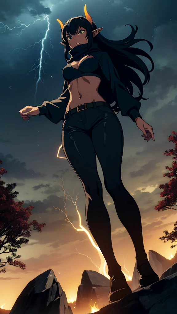 ((1girl,solo,mature female,25s,adult)),long hair, black hair,angry,horns,elf ears,black scarf,cleavage,((dark skin)),((black sports bra, midriff)),((black leather pants)),night, fireflies, fantasy,rain,thunder clouds,walking,lightning,lightnings lights,sparks,lightning magic,((shot from below,focus on feet))