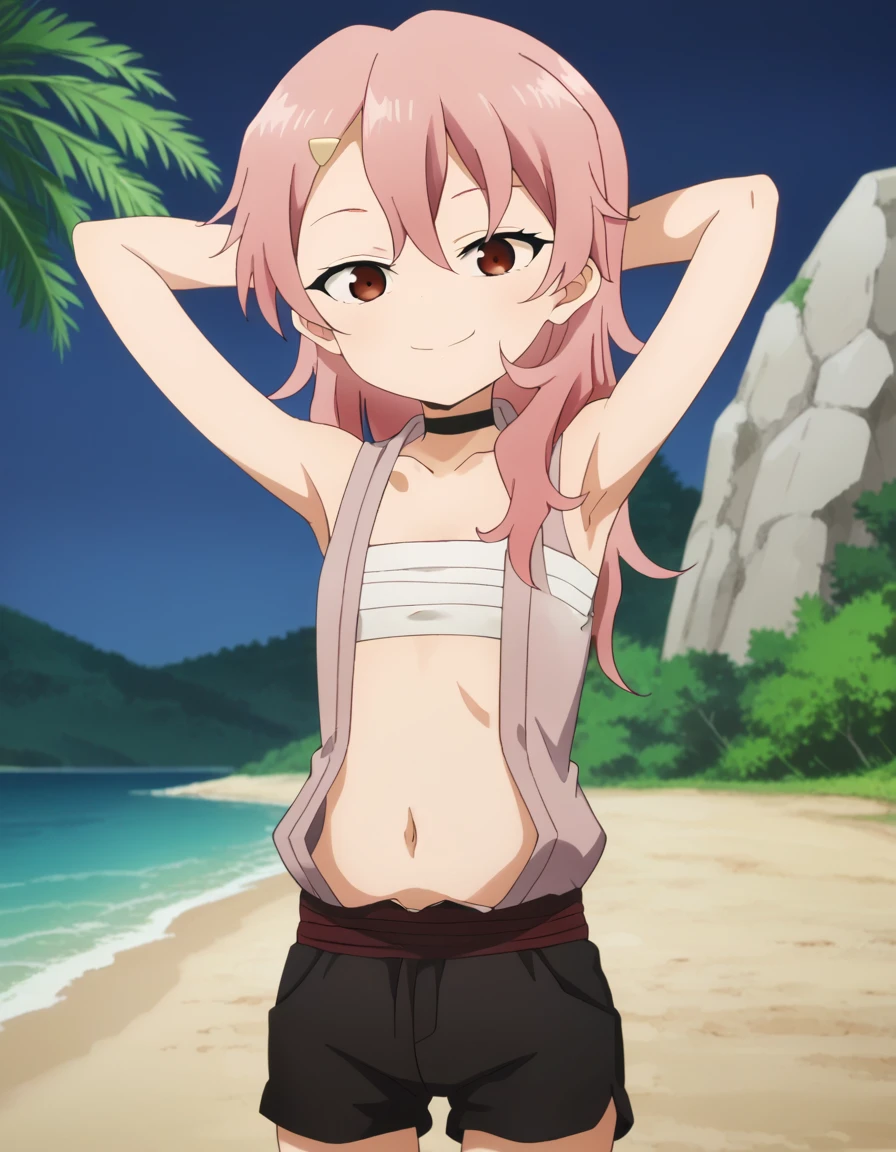 benisumomo, anime coloring ,BREAK source_anime, anime, long hair, hair ornament, red eyes, navel, pink hair, choker, hairclip, flat chest, black choker, sarashi, chest sarashi, black shorts,  high quality, solo, 1girl, night sky, beach, arms behind head, (contrapposto), closed mouth, spread armpits, (cowboy shot:1.5), looking at viewer, best quality, suggestive smile,