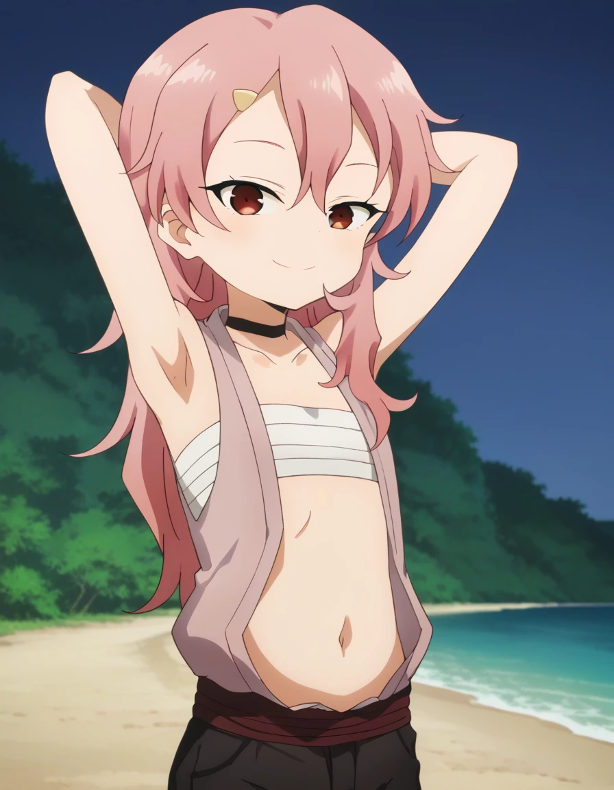 benisumomo, anime coloring ,BREAK source_anime, anime, long hair, hair ornament, red eyes, navel, pink hair, choker, hairclip, flat chest, black choker, sarashi, chest sarashi, black shorts,  high quality, solo, 1girl, night sky, beach, arms behind head, (contrapposto), closed mouth, spread armpits, (cowboy shot:1.5), looking at viewer, best quality, suggestive smile,