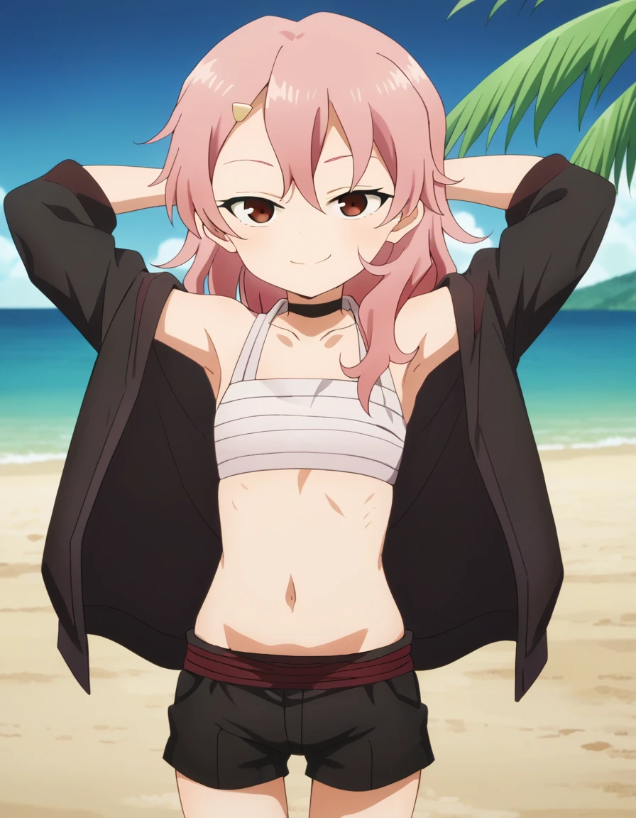 benisumomo, anime coloring ,BREAK source_anime, anime, long hair, hair ornament, red eyes, navel, pink hair, choker, hairclip, flat chest, black choker, sarashi, chest sarashi, black shorts,  high quality, solo, 1girl, night sky, beach, arms behind head, (contrapposto), closed mouth, spread armpits, (cowboy shot:1.5), looking at viewer, best quality, suggestive smile,