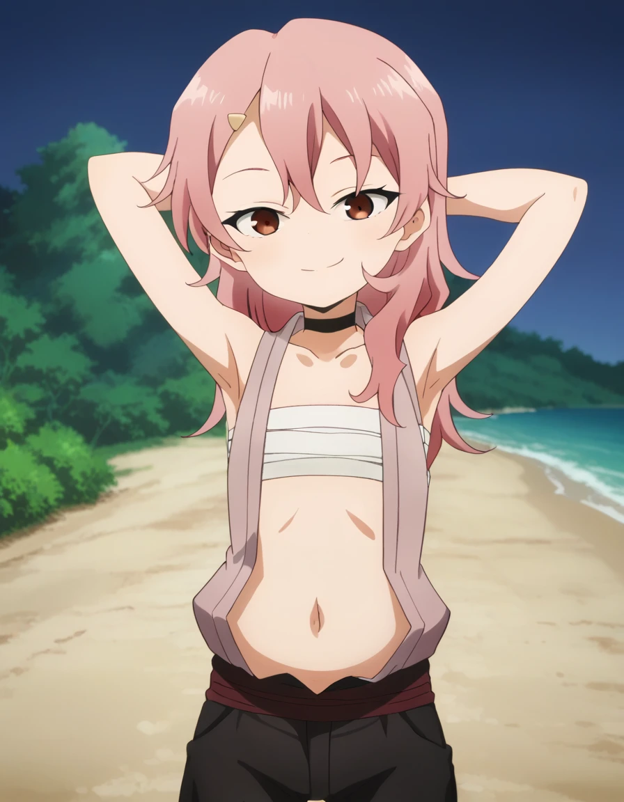 benisumomo, anime coloring ,BREAK source_anime, anime, long hair, hair ornament, red eyes, navel, pink hair, choker, hairclip, flat chest, black choker, sarashi, chest sarashi, black shorts,  high quality, solo, 1girl, night sky, beach, arms behind head, (contrapposto), closed mouth, spread armpits, (cowboy shot:1.5), looking at viewer, best quality, suggestive smile,