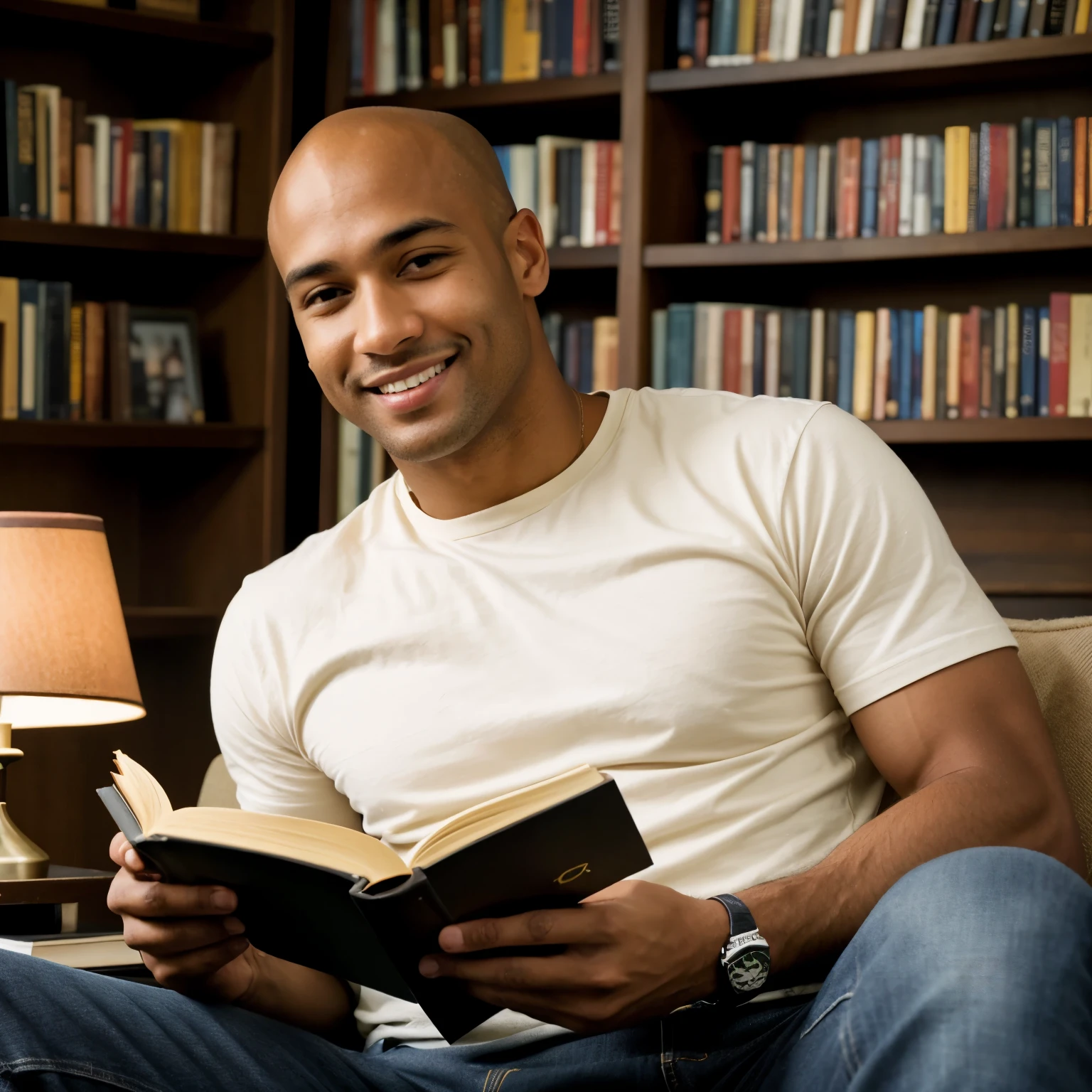 ((melhor qualidade)), ((Obra de arte)), (detalhado), Create a photorealistic, cinematic, high-resolution image of a Black man, bald, without beard around 35 years old, sitting comfortably in an armchair and reading a book. The man has a medium brown skin tone, a friendly smile, dark eyes with well-defined eyebrows, a slightly angular jawline, and visible cheekbones. The man is wearing jeans and a t-shirt. The setting should be cozy and inviting, with warm lighting, a bookshelf in the background, and a side table with a cup of coffee or tea. The man appears relaxed and engrossed in his book, enjoying a peaceful moment of reading.