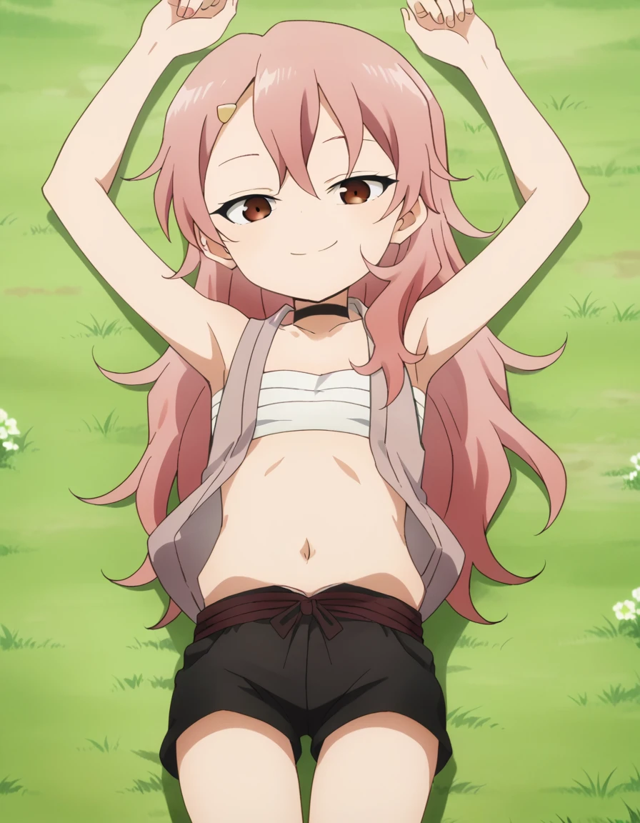 benisumomo, anime coloring ,BREAK source_anime, anime, long hair, hair ornament, red eyes, navel, pink hair, choker, hairclip, flat chest, black choker, sarashi, chest sarashi, black shorts, high quality, solo, lying, on back, arms up, spread arms, closed mouth, on grass, center, (cowboy shot:1.5), looking at viewer, suggestive smile, best quality