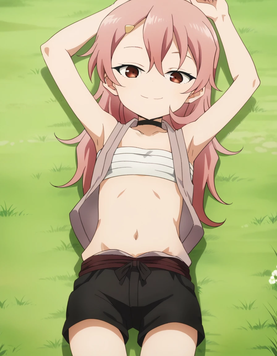 benisumomo, anime coloring ,BREAK source_anime, anime, long hair, hair ornament, red eyes, navel, pink hair, choker, hairclip, flat chest, black choker, sarashi, chest sarashi, black shorts, high quality, solo, lying, on back, arms up, spread arms, closed mouth, on grass, center, (cowboy shot:1.5), looking at viewer, suggestive smile, best quality