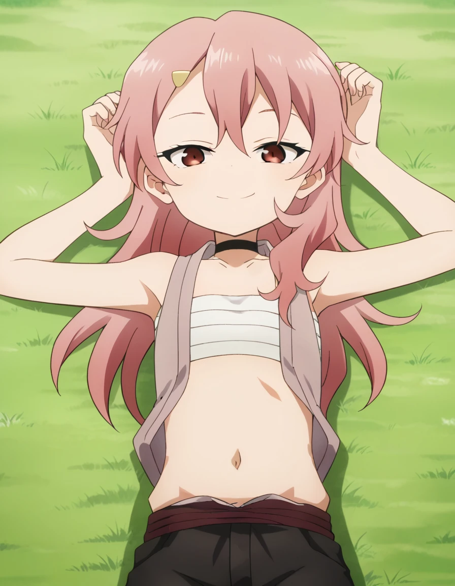 benisumomo, anime coloring ,BREAK source_anime, anime, long hair, hair ornament, red eyes, navel, pink hair, choker, hairclip, flat chest, black choker, sarashi, chest sarashi, black shorts, high quality, solo, lying, on back, arms up, spread arms, closed mouth, on grass, center, (cowboy shot:1.5), looking at viewer, suggestive smile, best quality