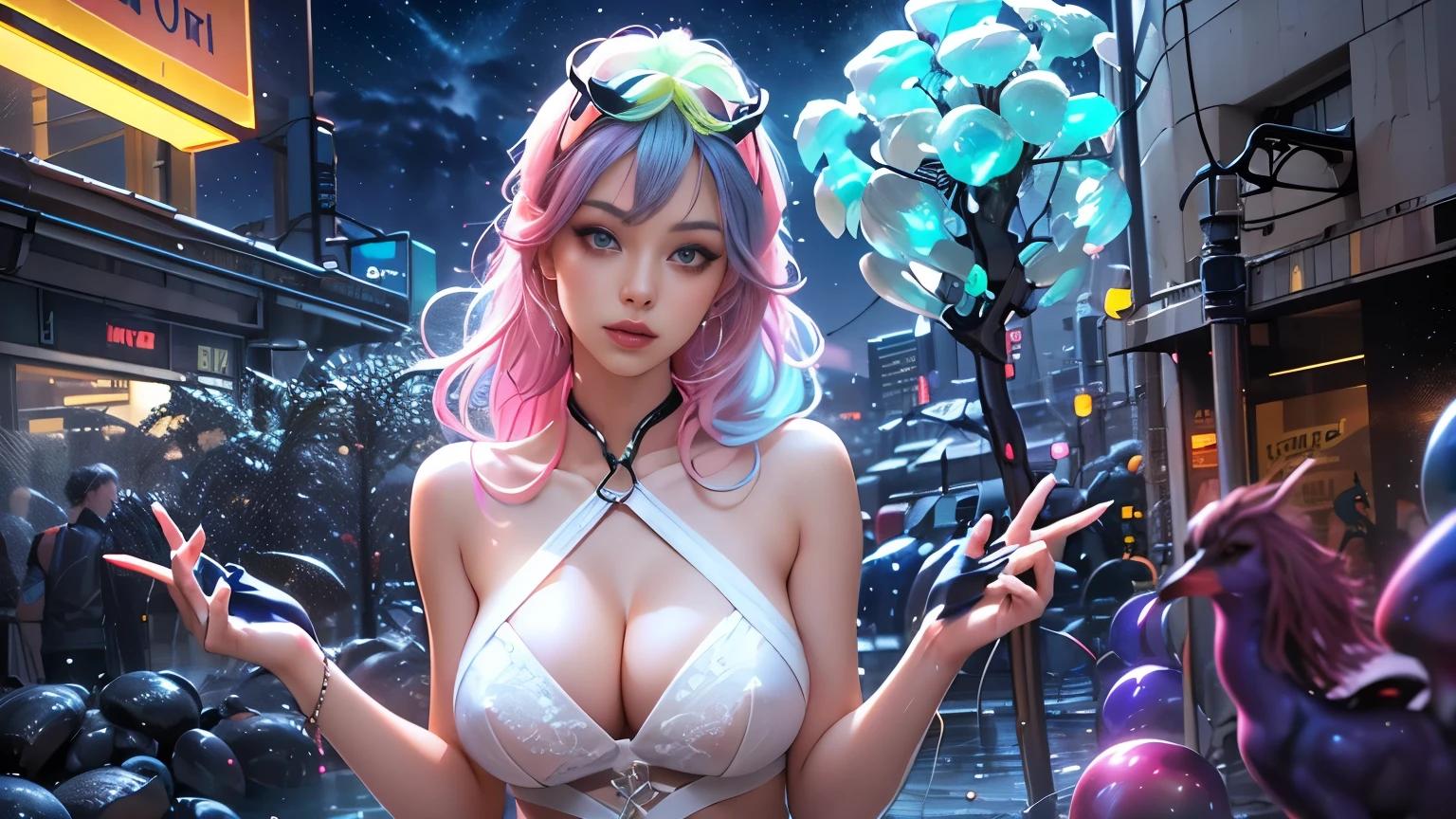 Masterpiece artwork, best qualityer, 1girl, ives , Mecha, beautiful lighting, (Neon light: 1.2), (natta: 1.5), "Masterpiece artwork, best qualityer, 1 garota, full - length portrait, sultry posing, blue colored eyes, multicolored hair+Plata:1.3+rot:1.2+purple+yellow:1.3+Unripe:1.3, sculpted legs and tempting curves, bountiful breasts, beautiful face, many drops of water, nube, Twilight, open plan, water colour, Neon light:1.2, natta:1.5, Mecha, beautiful lighting, bright neon light: 1.2, unforgettable mysterious night: 1.5"
