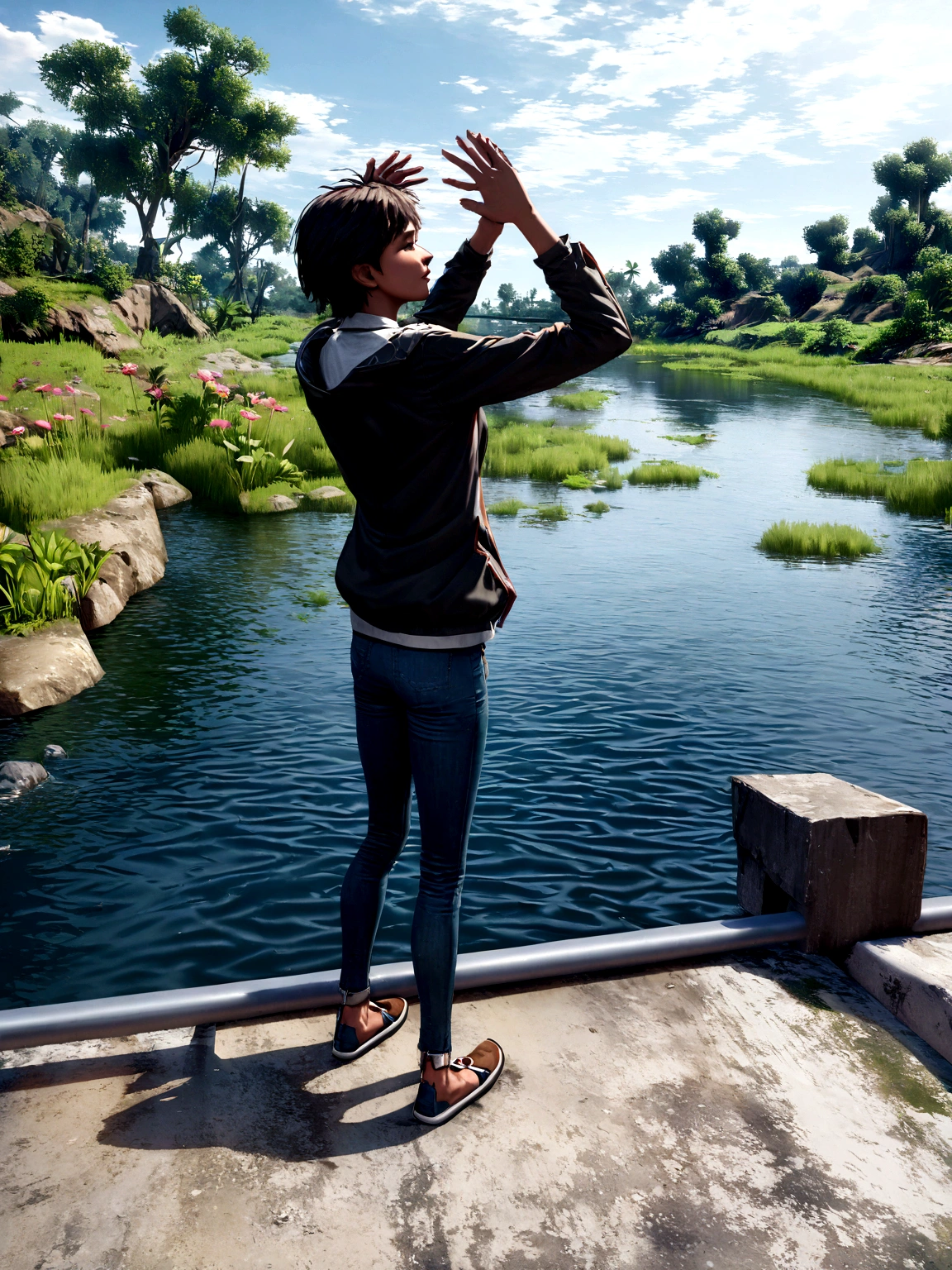 unreal engine 5 render, jungle, river, flowers, extremely detailed, colorful