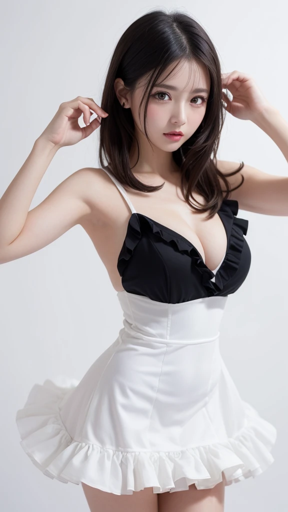 (((forehead、Northern Europe、White people、beautiful girl、Black Hair、White background、Frills、race、dress)))、table top, highest quality, figure, super detailed, finely, High resolution, 8k wallpaper, Perfect dynamic composition, detailed and beautiful eyes, Deco out,bionde, medium hair, super , Natural color lip,white background, random cute poses,frill dress