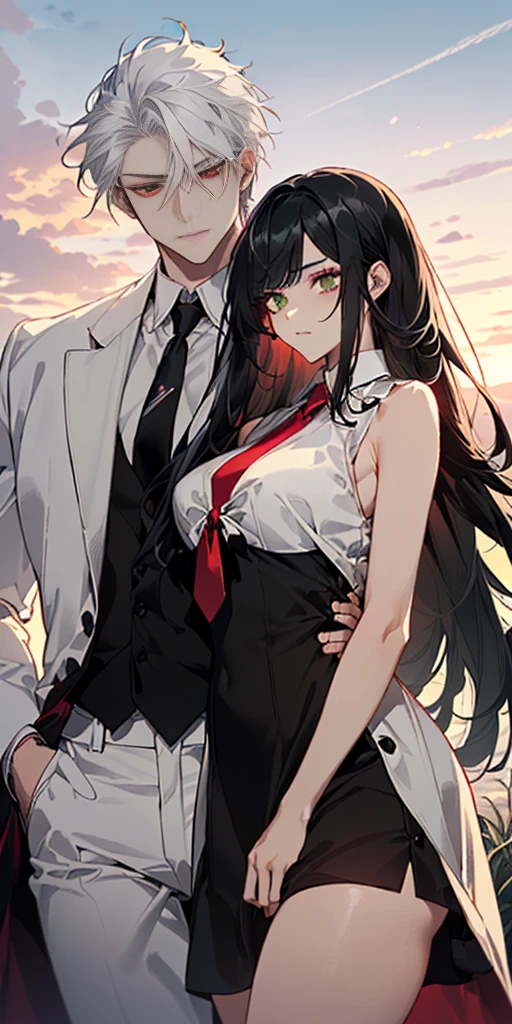 1 man and 1 women standing together with his arms around her. ((The woman is wearing a [((black sleeveless v neck dress))], with big chest, seductive body, thick thighs, ((green eyes and long black hair)).)) ((The man is wearing a white suit with a tie, and has ((white hair and red eyes)))). ((Detailed Eyes)), anime style, sunset