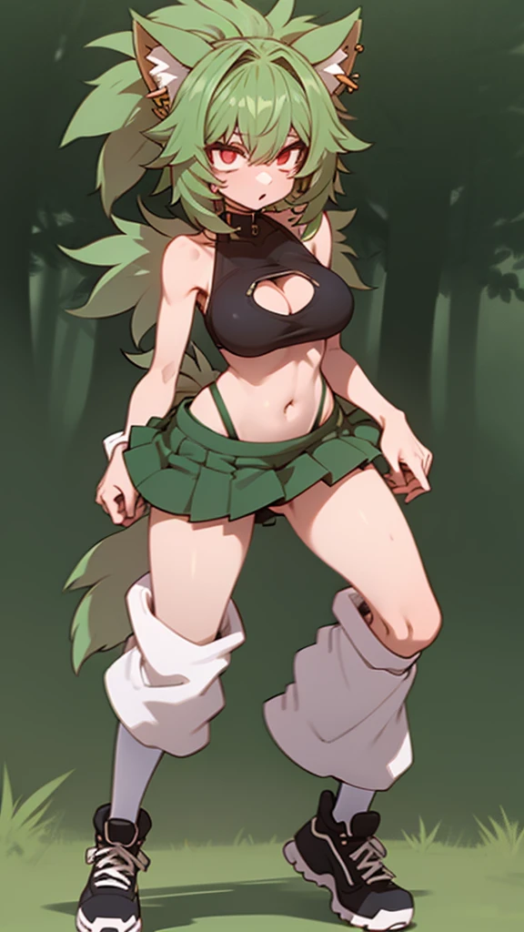   , Croped, , cleavage, slim waist, cropped hoodie underboob, cropped hoodieunderboobhoodie, 1girl, 2 wolf ears, wolf tail, ????????? crop hoodie, crop shorts, ????????? hoodie, spiky hair, spiky fur, green hair, red eyes,????????? field scenery, tight clothes, perfect eyes, perfect hands, clear resolution, full body, cleavage skin, ????????? plants, open hoodie, ????????? scenery, black thigh high socks, full body, earrings, 1girl, skirt,  cleavage, slim waist, cleavage, slim waist, hair pulled back, 