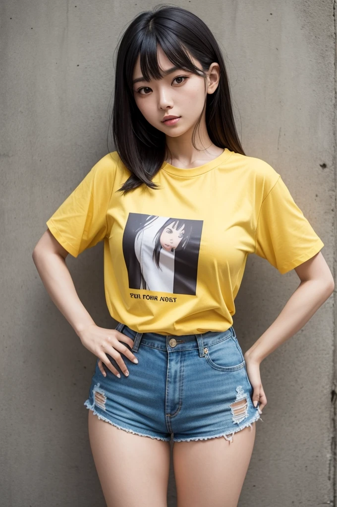 Asian woman,with yellow shirt, with short manga,com shorts cor preta 