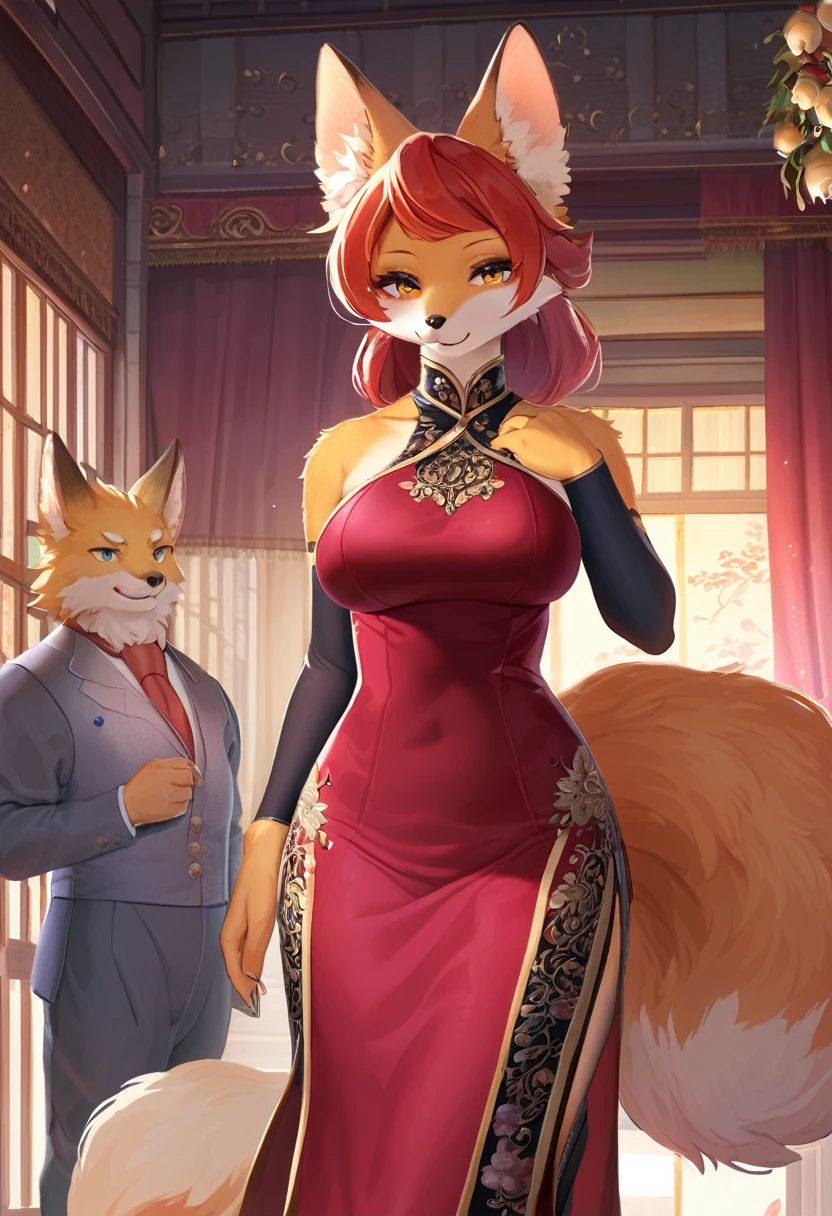 ((Masterpiece)), ((Best Quality)), (Very Detailed), ((Very Detailed)), 4K, (8K), very aesthetic, absurdres highres, 1male, breasts out, anthropomorphic fox, furry, kemono, A confident woman with striking hair texture and detailed clothing, wearing a velvet cheongsam dress with glossy and smooth texture, elegant impression, floral embroidery, slits, shiny hair, wrinkles and drapes in the clothing, seams, buttons, and fine texture of the ornaments.