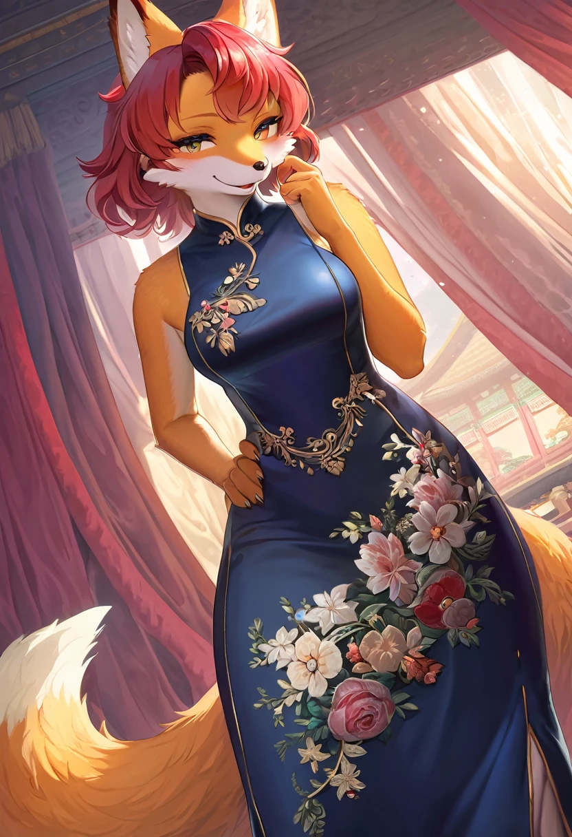 ((Masterpiece)), ((Best Quality)), (Very Detailed), ((Very Detailed)), 4K, (8K), very aesthetic, absurdres highres, 1male, anthropomorphic fox, furry, kemono, A confident woman with striking hair texture and detailed clothing, wearing a velvet cheongsam dress with glossy and smooth texture, elegant impression, floral embroidery, slits, shiny hair, wrinkles and drapes in the clothing, seams, buttons, and fine texture of the ornaments.