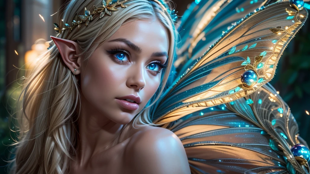 Beautiful, Amazing face and eyes, makeup, (extremely detailed beautiful face), Blonde, (sexiest look), (Beautiful breasts:1.3), (Best Quality:1.4), (Ultra-detailed), (extremely detailed CG unified 8k wallpaper), Highly detailed, RAW Photos, Professional Photography, (silk see through lace:1.3), full body, sitting, (Spread your legs), (:1.4), plein air, Illumination, (Super fancy photos:1.4), (Dazzling light), Radiant Photography, depth of fields, (Glowing blue eyes), (realistic elf ear), (castle, fantasy setting), ((orbs)), massive butterfly wings, flowing butterfly wings, 