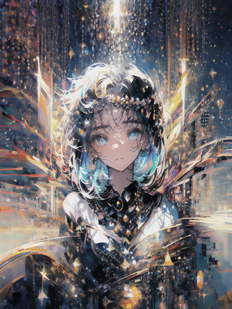 ((masterpiece, highest quality, Super detailed, High resolution)), alone, beautiful girl, shining eyes, perfect eyes, 15 years old, black white gold theme,