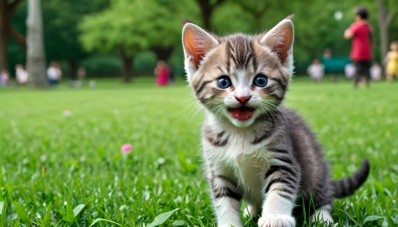 A cheerful kitten playing in the park.