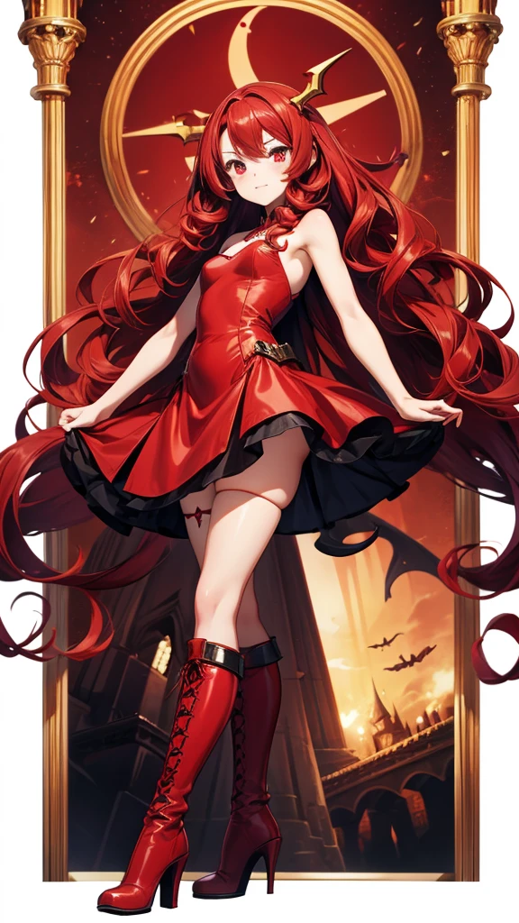 Young woman with long red hair spiral curls,vampire,hairpin,small red dress,Bare arms,Bare Legs,stockings,High heel boots,Standing,Big castle