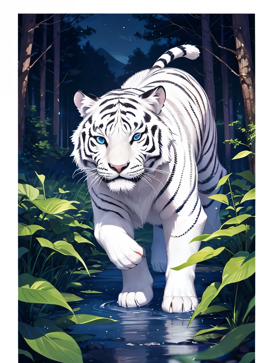 Big white tiger, running in the forest, blue eyes,at night, night,Eyes light up