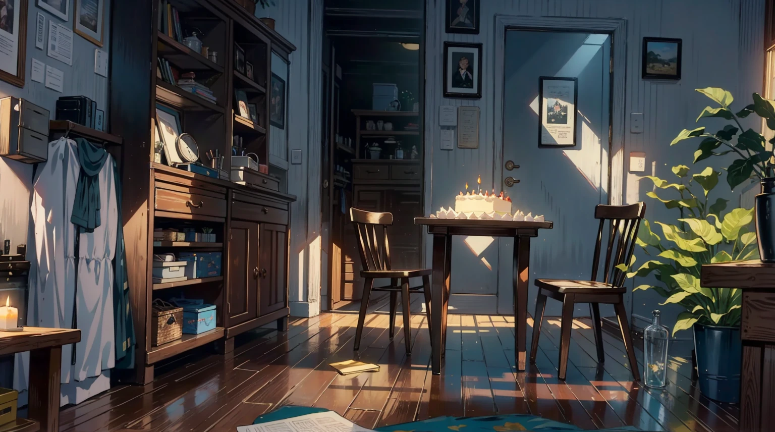 （best quality，masterpiece：1.2，detailed details，4k），A dim old apartment, a small birthday cake on an old wooden table, a modern apartment, an alarm clock on the wall, an anime scene,the wooden floor, 