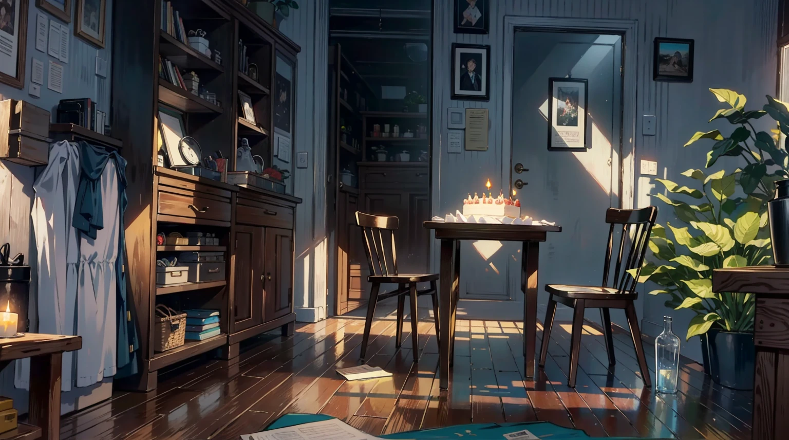(best quality,masterpiece:1.2,detailed details,4k),A dim old apartment, a small birthday cake on an old wooden table, a modern apartment, an alarm clock on the wall, an anime scene,the wooden floor,