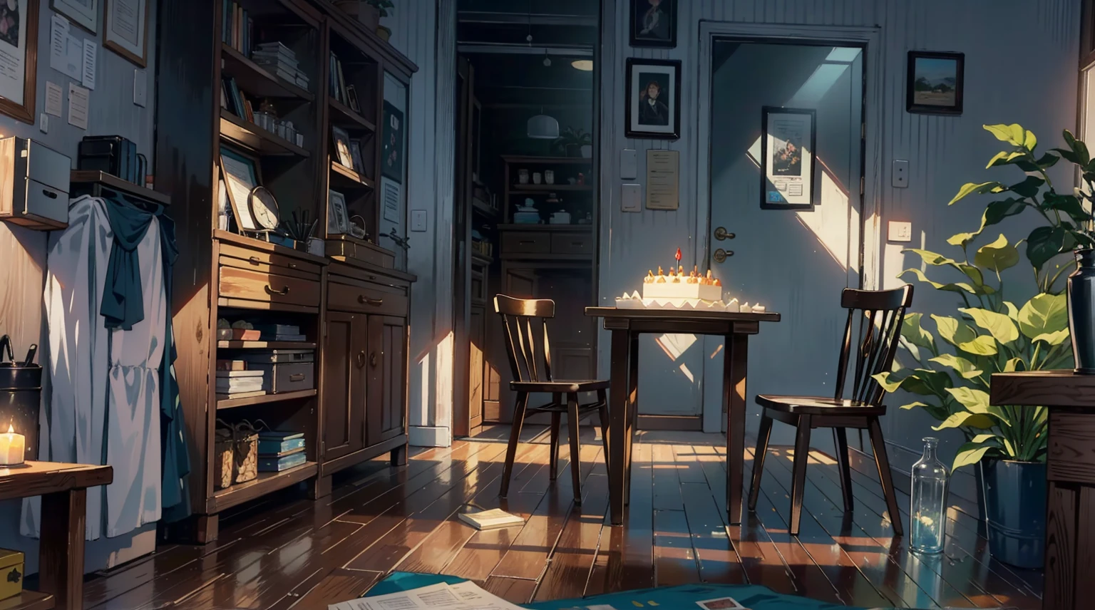 （best quality，masterpiece：1.2，detailed details，4k），A dim old apartment, a small birthday cake on an old wooden table, a modern apartment, an alarm clock on the wall, an anime scene,the wooden floor, 