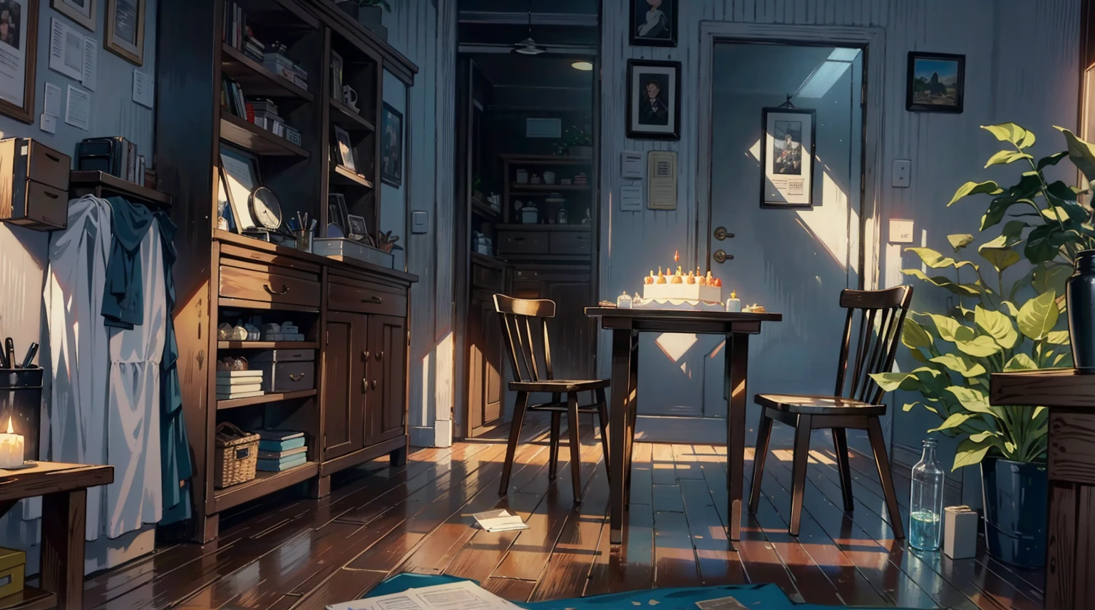 （best quality，masterpiece：1.2，detailed details，4k），A dim old apartment, a small birthday cake on an old wooden table, a modern apartment, an alarm clock on the wall, an anime scene,the wooden floor, 