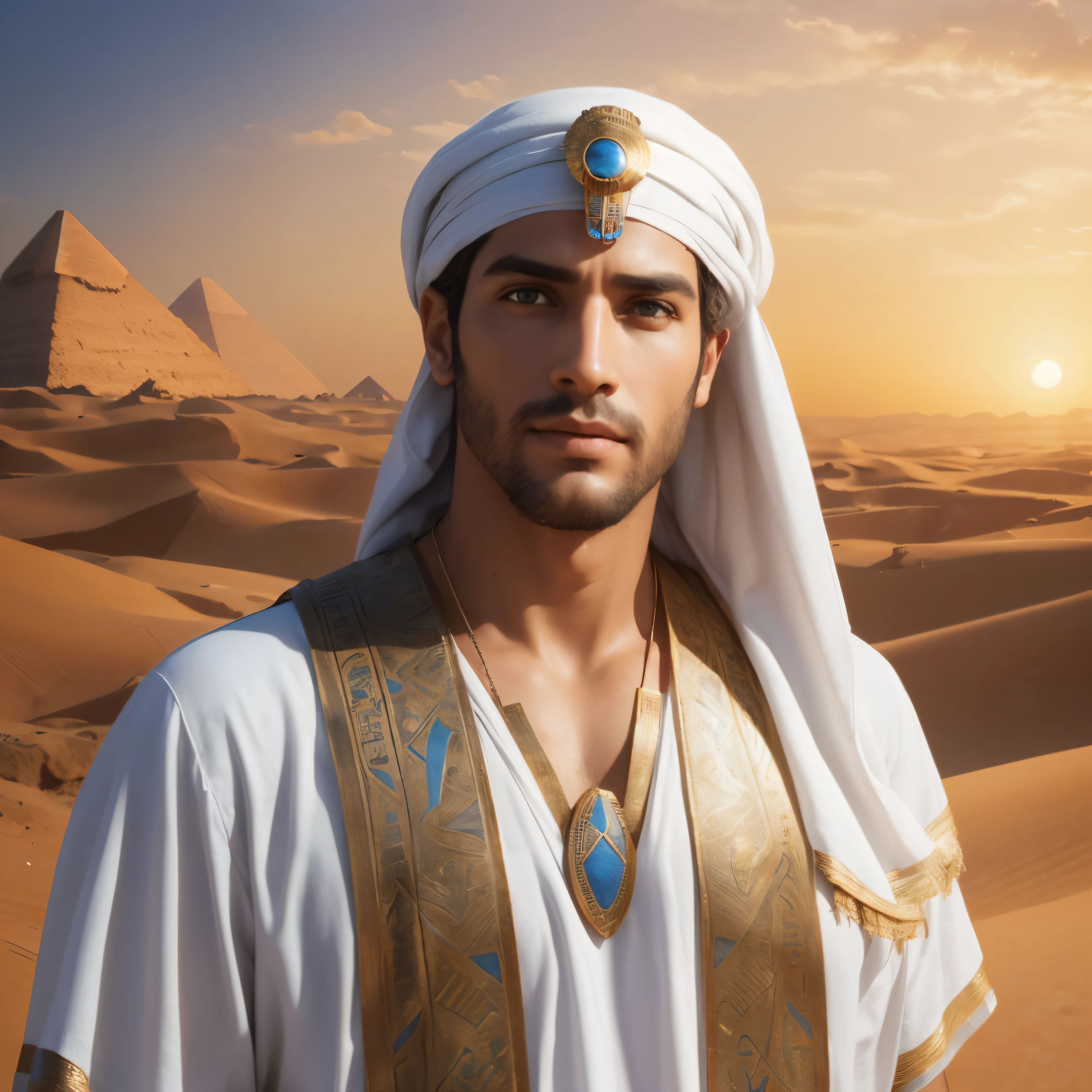 (best qualityer,4K,8K,highres,master part:1.2),ultra detali,(realisitic,fotorrealisitic,fotorrealisitic:1.37),biblical historical scene,Hebrew man,37 years old, with a cute face,beautiful detailed brown eyes,beautiful detailed lips,Egyptian style tunic outfit,Scenery of ancient Egypt