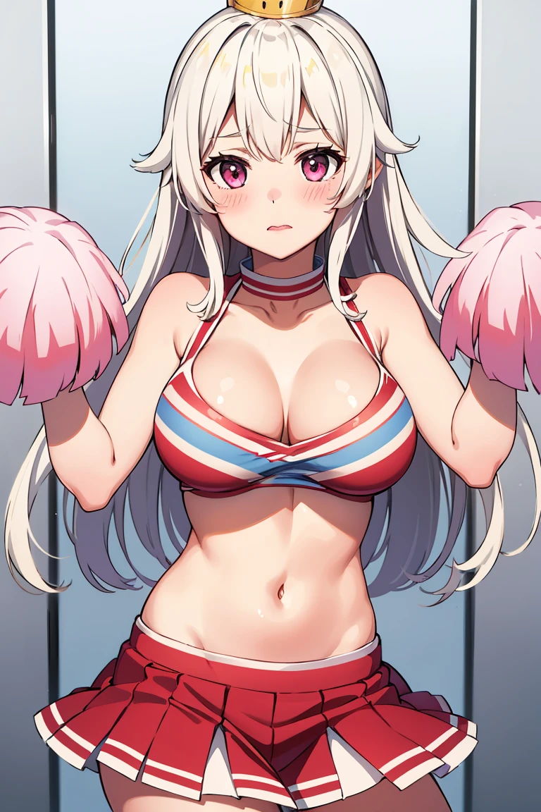best quality, high resolution, , white hair, blush, embarrassed, cowboy shot, looking at viewer, Boosette, pink lip, (((cheerleader outfit)))
