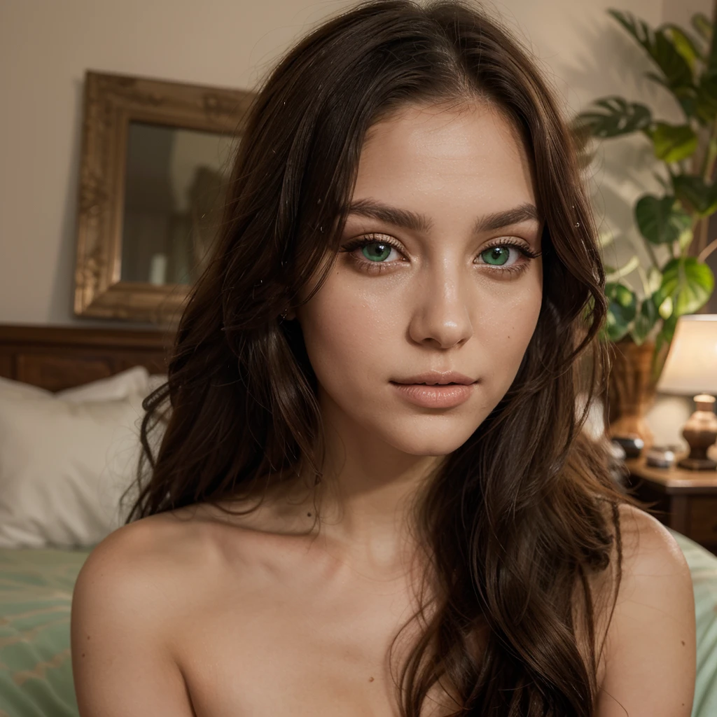 Isabella is a vision of timeless beauty, radiating an aura of elegance. Her captivating green eyes, framed by long, dark lashes, are reminiscent of lush, emerald forests, sparkling with a vivacious and intelligent light. They are the kind of eyes that draw people in, with a touch of naughtiness. Her hair is a rich chestnut brown, cascading in soft waves down to her mid-back. Isabella's face is a harmonious blend of delicate features and striking beauty. Isabellas is sitting in her bedroom bed taking a selfie  with little makeup and with light shinning in her face.