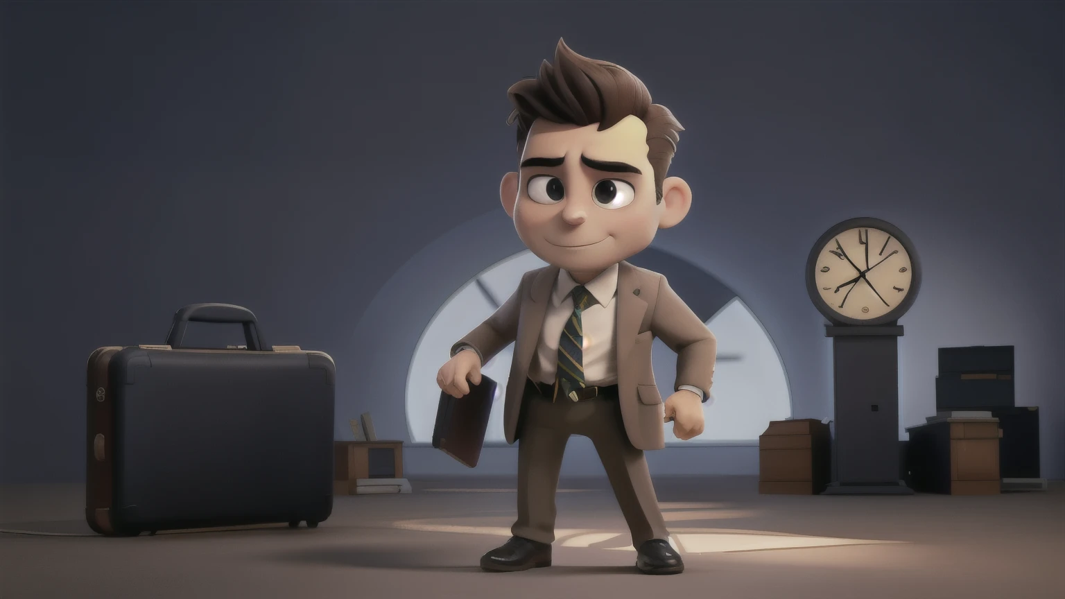 A stressed businessman silhouette in a suit with a briefcase running, his tie flying in the wind, overlay with a clock face with its hands spinning rapidly, dark background, cinematic lighting, dramatic, high quality, sharp focus