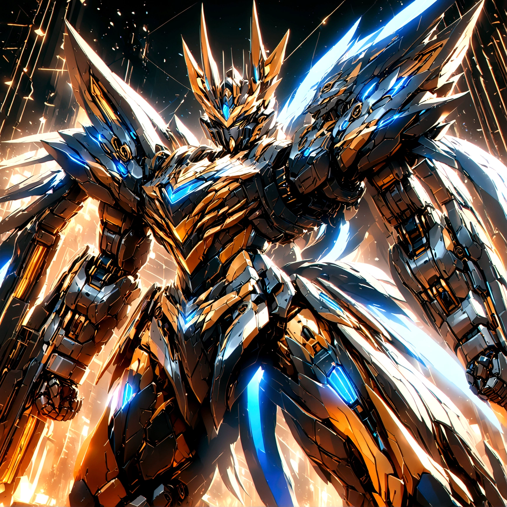 a large blue and gold mecha knight with wolf ears and a wolf tail, highly detailed, cinematic lighting, epic, intricate machinery, sharp focus, photorealistic, 8k, best quality