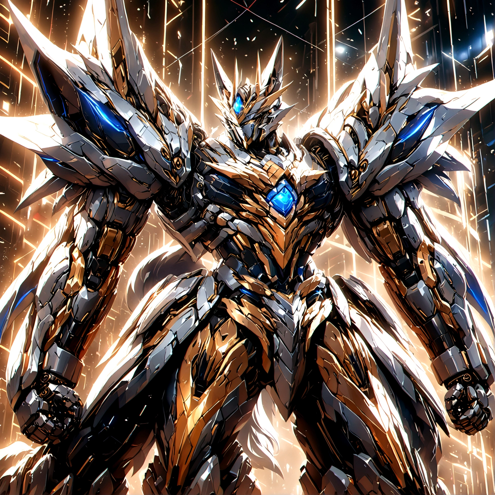 a large blue and gold mecha knight with wolf ears and a wolf tail, highly detailed, cinematic lighting, epic, intricate machinery, sharp focus, photorealistic, 8k, best quality