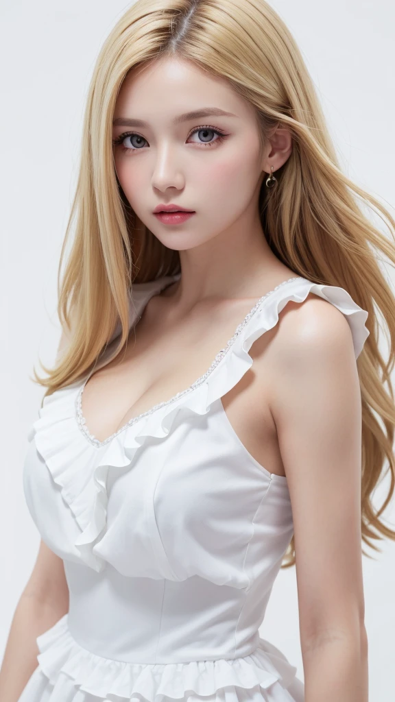 (((forehead、Blonde、Northern Europe、White people、beautiful girl、Blonde、White background、Frills、race、dress)))、table top, highest quality, figure, super detailed, finely, High resolution, 8k wallpaper, Perfect dynamic composition, detailed and beautiful eyes, Deco out,bionde, medium hair, super ???????????, Natural color lip,white background, random cute poses,frill dress