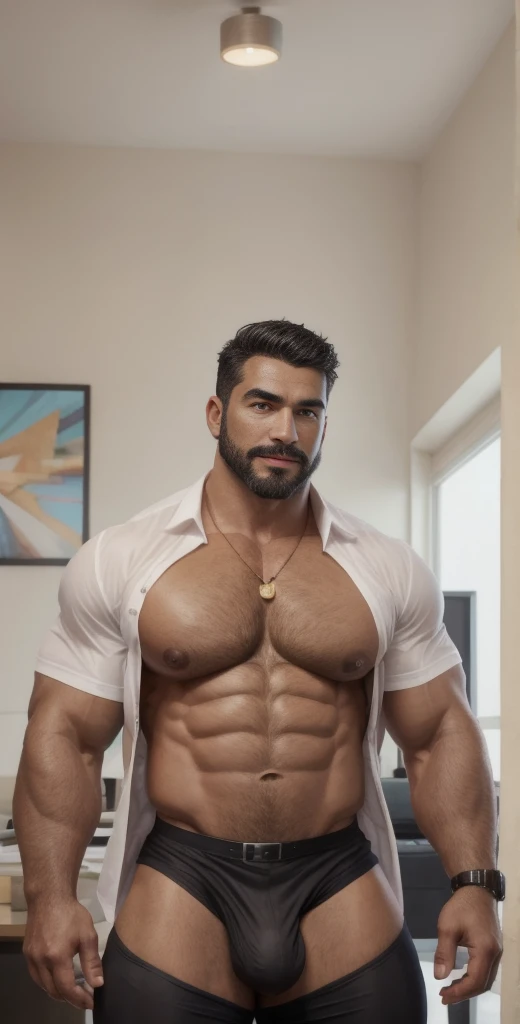 1boy, solo, facial hair, male focus, bulge, pectorals, bara, muscular, mature male, muscular male, abs, beard, nipples, short hair, navel, stomach, large pectorals, thick eyebrows, bare pectorals, dark-skinned male, business suit and tie clothing, erection, thighs, erection under clothes, white shirt, dark skin, open clothes, black bodysuit, pectoral cleavage, cowboy shot, feet out of frame, thick thighs, looking at viewer, business costume, masterpiece, 4k, high quality, highres, absurdres,