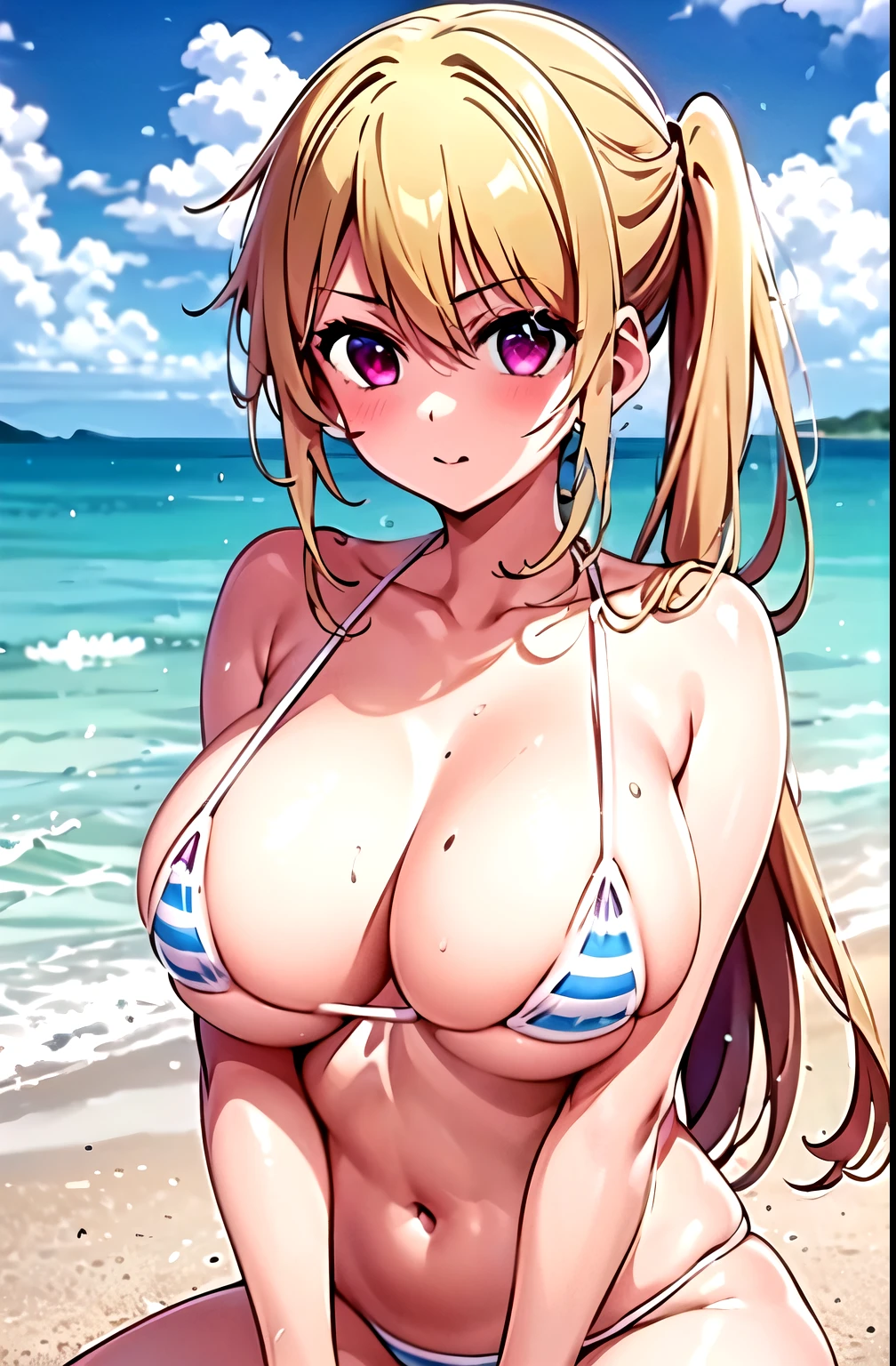 masterpiece, super fine illustration, best quality, light particles, ultra-detailed, 8K wallpaper, (bright colors:1.2), (adult woman), erotic body, (big breasts), ((blonde long hair)), twintail, two side up hair, scrunchie, disheveled hair, shiny hair, (beautiful green eyes, shiny eyes, slant eyes), (sunglasses on head), (dark tan skin:1.3), shiny skin, oily skin, seductive smile, (heart), (blush), (leopard pattern bikini, nipple), ((bottomless)), (vaginal penis), (man), (woman sit astride on man), (woman on top), (cowgirl position:1.2), hetero, man in below, (intense sex:1.6), (cum out), (ass pov), outdoor, beach, sea, sunlight, nsfw,((Ahegao))、((Heart Pupil))、((Trembling with sexual climax))、Sticking out tongue、Opening his mouth wide、Drooling、Sweat