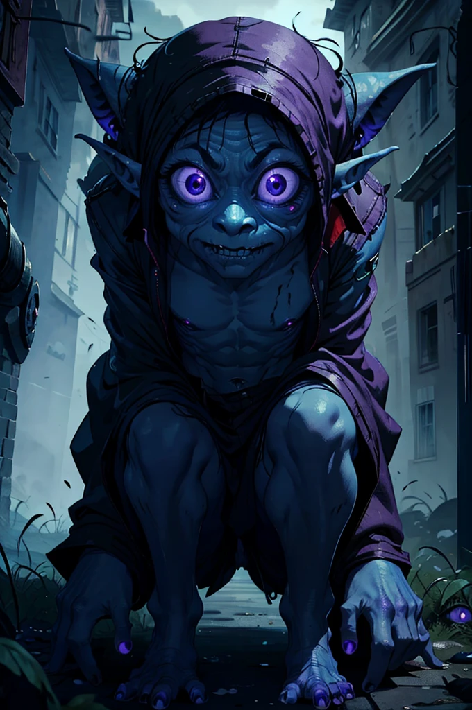 Bluish goblin missing a piece of its ear with a scar on its butt and the iris of its left eye glowing purple