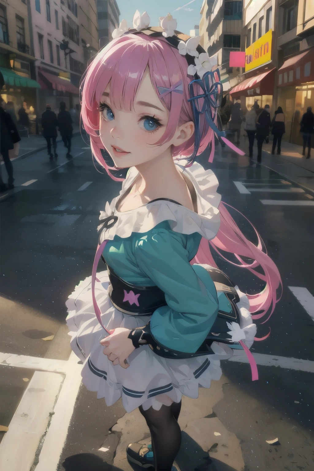 beautiful detailed eyes, beautiful detailed lips, extremely detailed eyes and face, long eyelashes, 1girl, chibi, kawaii, cute, , photo-realistic, hyperrealistic, street fashion, cosplay, rem from re:zero, full body, smiling, fantasy, fantasy art, digital painting, cinematic lighting, dramatic lighting, vibrant colors, highly detailed, sharp focus, volumetric lighting, photorealistic, 8k, best quality, masterpiece