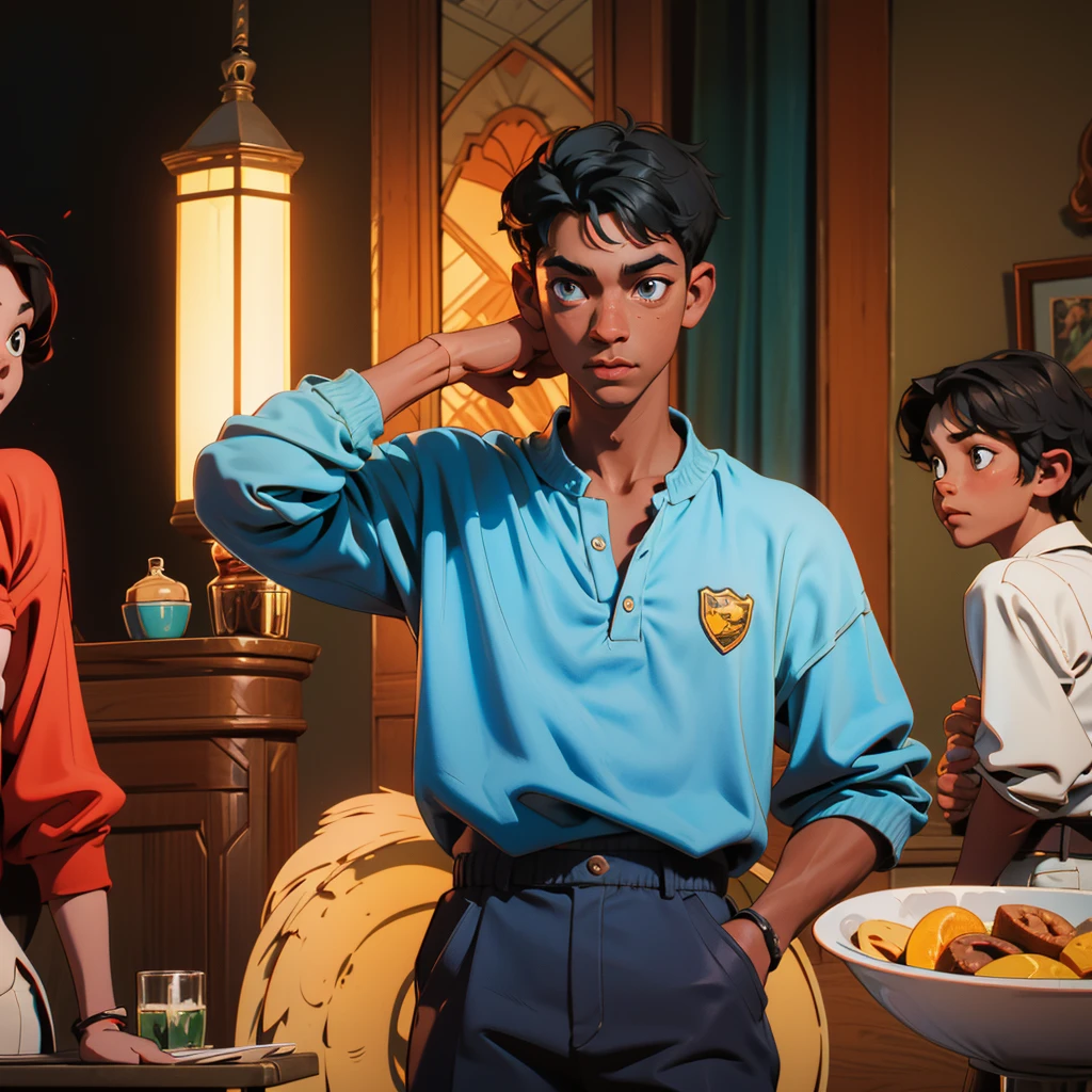 A 13-year-old dark-skinned boy is in a house with his parents and the boy is playing and his parents are not paying attention to him. 