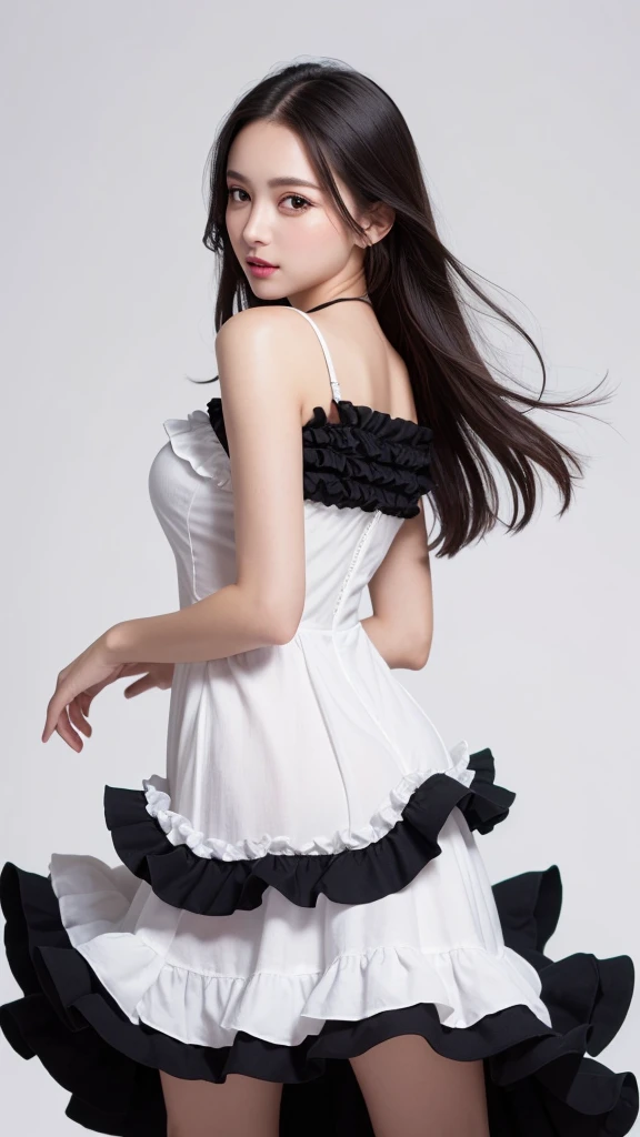 (((forehead、Northern Europe、White people、beautiful girl、Black Hair、White background、Frills、race、dress)))、table top, highest quality, figure, super detailed, finely, High resolution, 8k wallpaper, Perfect dynamic composition, detailed and beautiful eyes, Deco out,bionde, medium hair, super big breasts, Natural color lip,white background, random cute poses,frill dress
