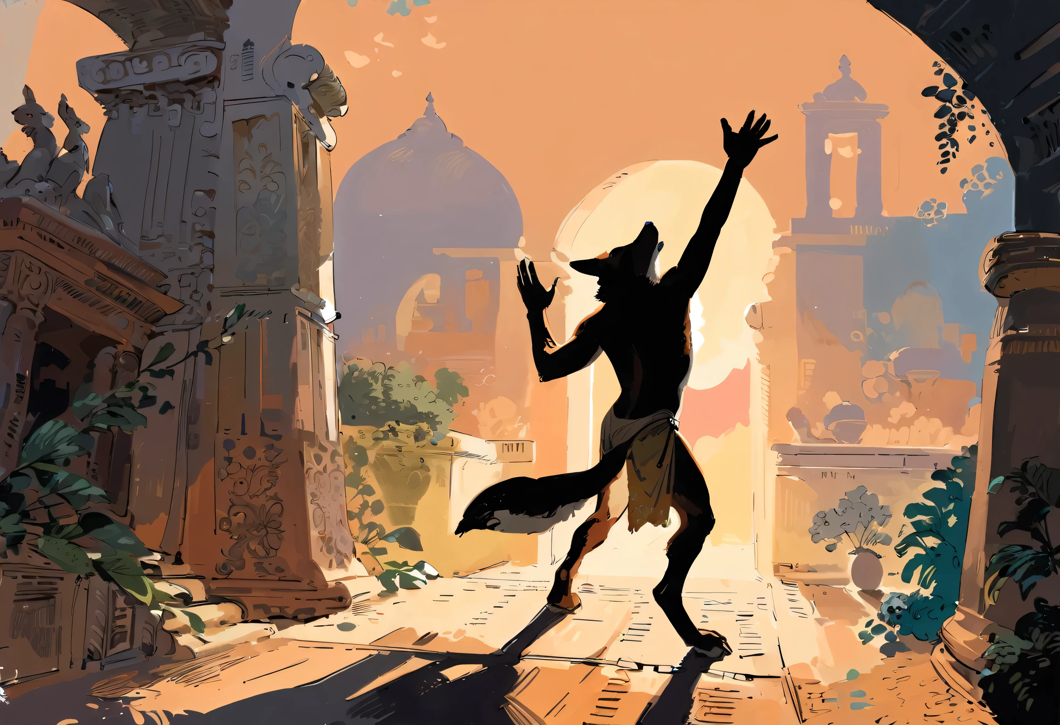 solo, male, anthro, (coyote), by seyorrol, digitigrade, digital artwork, (flat colors:1.2), ((detailed background)), (perfect hands), intricate detailed background, powerful silhouette, mysterious shadows, realistic shading, (epic, masterpiece, high quality, 8k, ultra HD, absurd res, top quality, best quality, max quality, masterpiece), loincloth, ((sexy, ((feminine body)))), reaching out, looking upward, chin up, (tail:1.2), dusk,