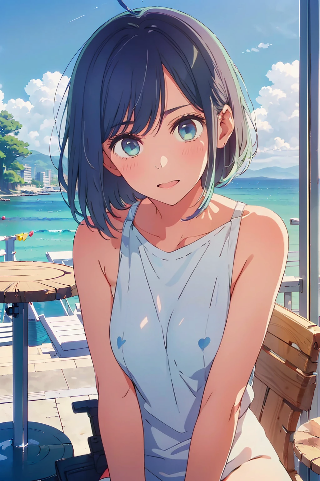(Highest quality:1.4、8K:1.4、detailed)、F cup bust、Big Breasts、Slim body、Very white beautiful skin、((((1 person、Surprised expression、sit、Chair、In the background are the urban buildings of Tokyo、looking at the camera、Outdoor café terrace、coastal、Navy hair color、juice、Shooting up close、table、Very cute face))))、((((nude、Areola))))、(Pose with hair tucked behind ear with one hand:1.4)、Nipples、bikini、Very blue sky、A completely cloudless sky