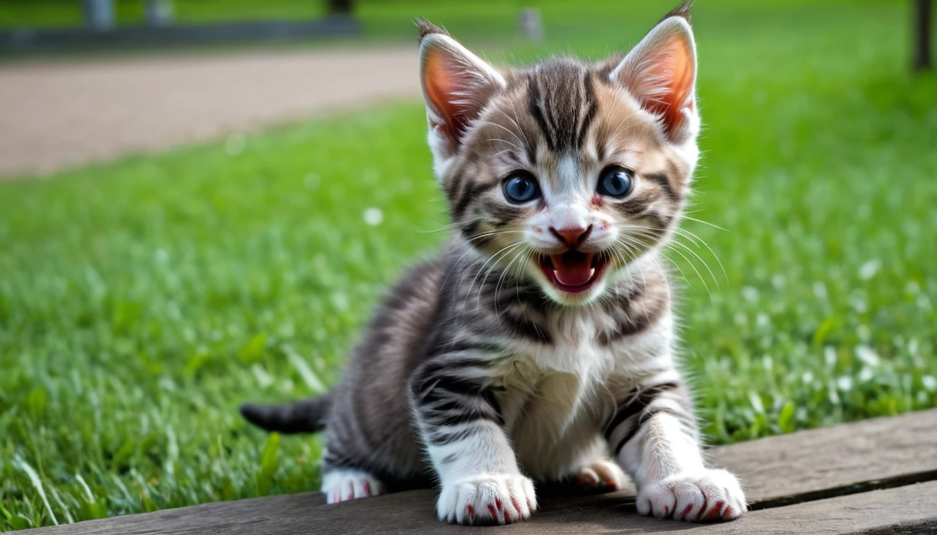A cheerful kitten playing in the park.
