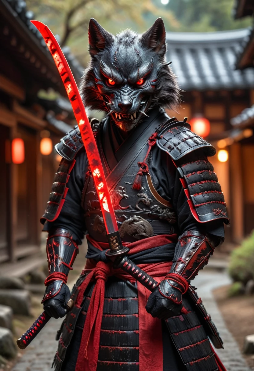 action photo, realistic digital photo, Angry anthropomorphic black wolf samurai pulls out a glowing magic katana from the sheath, black with green wooden armor, Samurai Pearls, brown daemon samurai mask, standing in an ancient Japanese village, ultra HD, 8K, insane details, 