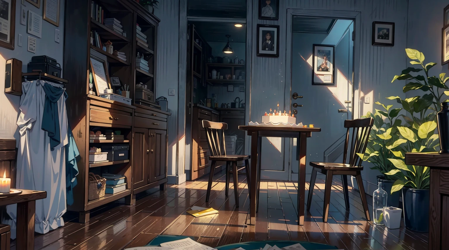 (best quality,masterpiece:1.2,detailed details,4k),A dim old apartment, a small birthday cake on an old wooden table, a modern apartment, an alarm clock on the wall, an anime scene,the wooden floor,