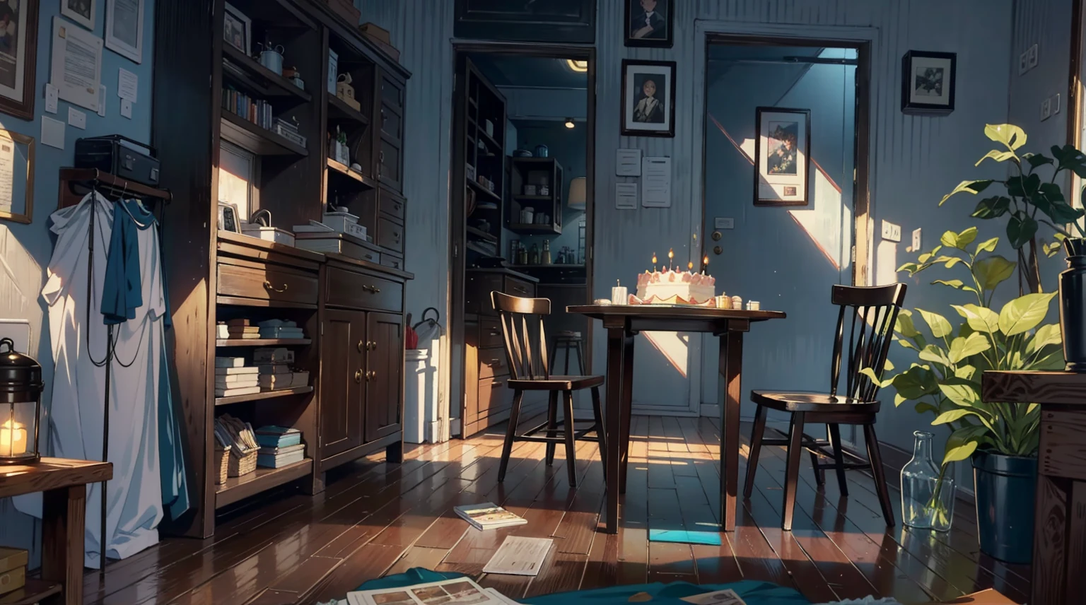 （best quality，masterpiece：1.2，detailed details，4k），A dim old apartment, a small birthday cake on an old wooden table, a modern apartment, an alarm clock on the wall, an anime scene,the wooden floor, 