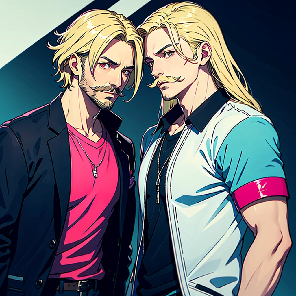 Create a portrait of a gentle man with long blonde hair, red eyes, a thin beard, and a thin mustache. He is wearing a magenta short-sleeved shirt with a black short-sleeved coat on top. The coat has three dark blue outlines: two at the end of the sleeves and one at the bottom edge.