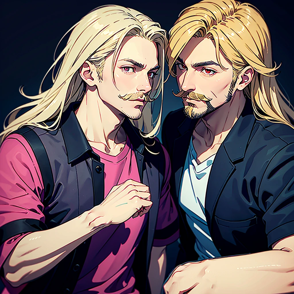 Create a portrait of a gentle man with long blonde hair, red eyes, a thin beard, and a thin mustache. He is wearing a magenta short-sleeved shirt with a black short-sleeved coat on top. The coat has three dark blue outlines: two at the end of the sleeves and one at the bottom edge.