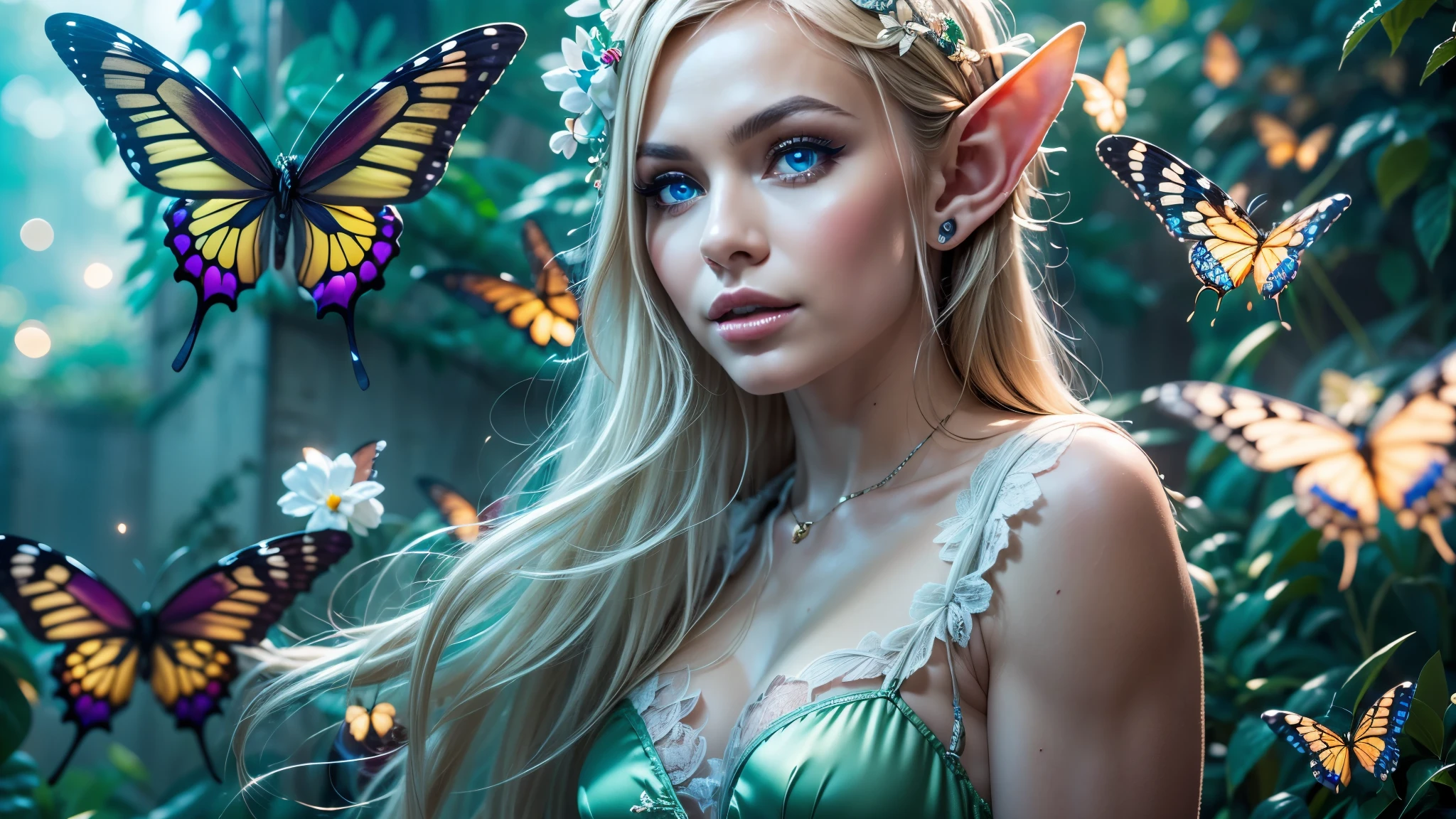 Beautiful, Amazing face and eyes, makeup, (extremely detailed beautiful face), Blonde, (sexiest look), (Beautiful breasts:1.3), (Best Quality:1.4), (Ultra-detailed), (extremely detailed CG unified 8k wallpaper), Highly detailed, RAW Photos, Professional Photography, (silk see through lace:1.3), full body, sitting, (Spread your legs), (:1.4), plein air, Illumination, (Super fancy photos:1.4), (Dazzling light), Radiant Photography, depth of fields, (Glowing blue eyes), (realistic elf ear), (castle, fantasy setting), ((orbs)), massive butterfly wings, flowing butterfly wings,